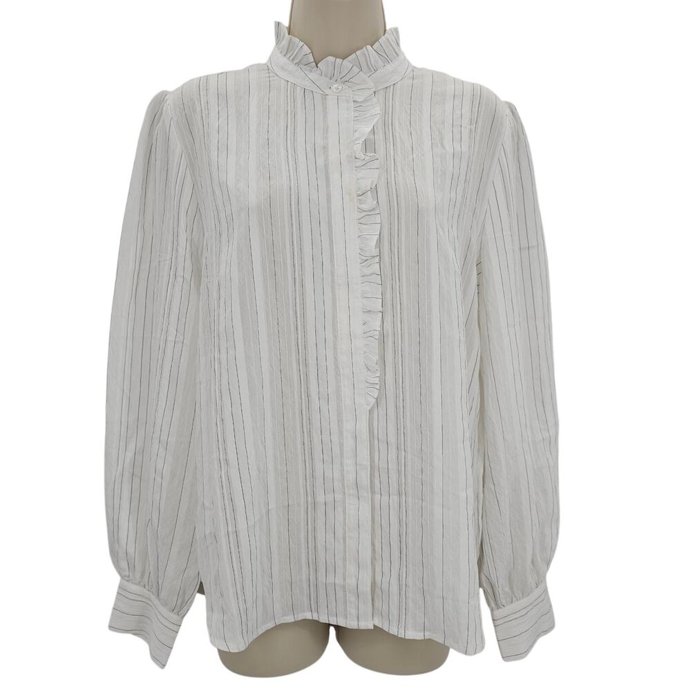 Madewell Womans size L Ruffled Button Up Shirt Blouse Striped White NW715 NEW